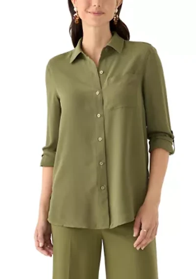Women's Long Roll Tab Sleeve Printed Blouse