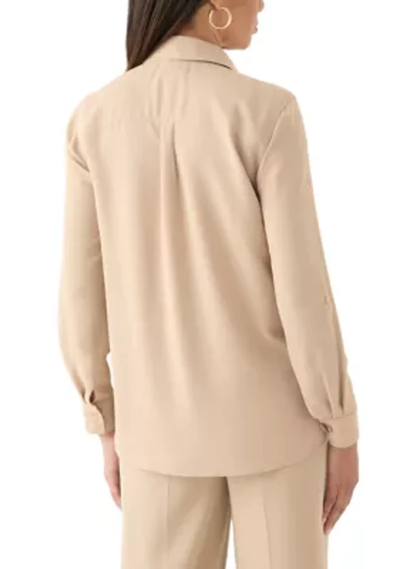 Women's Long Roll Tab Sleeve Printed Blouse