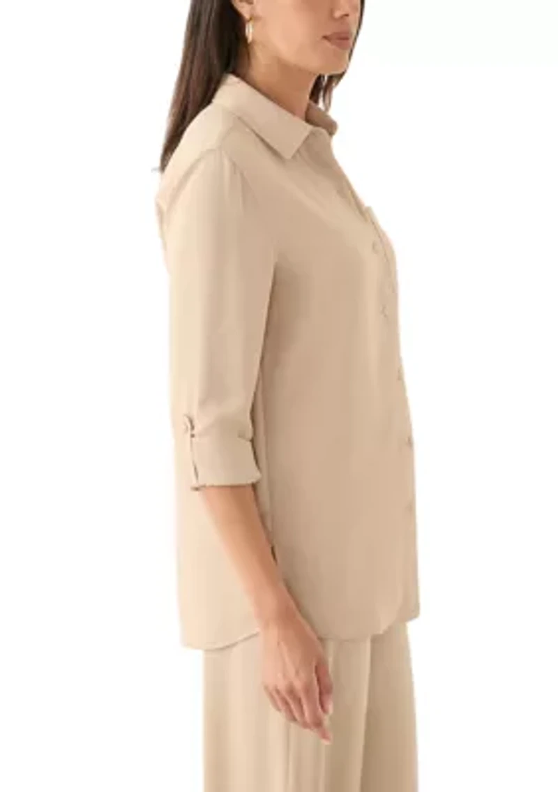 Women's Long Roll Tab Sleeve Printed Blouse