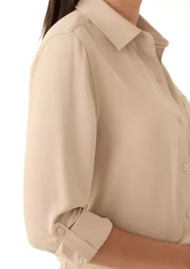 Women's Long Roll Tab Sleeve Printed Blouse