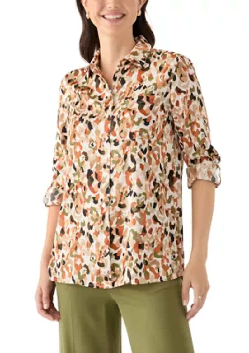 Petite Long Sleeve Button Front Blouse