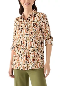 Petite Long Sleeve Button Front Blouse