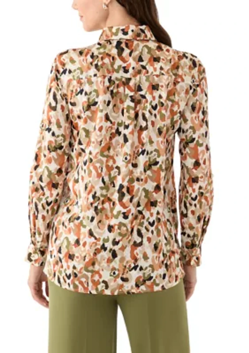 Petite Long Sleeve Button Front Blouse