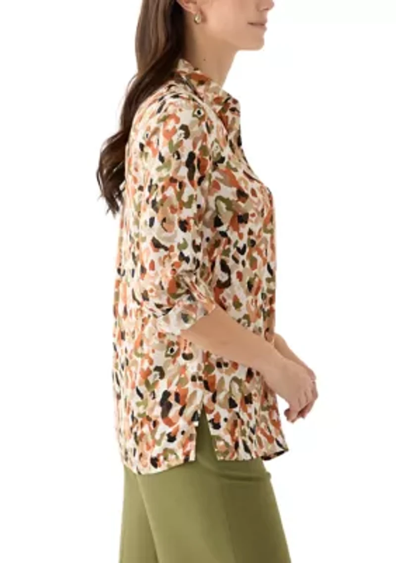 Petite Long Sleeve Button Front Blouse