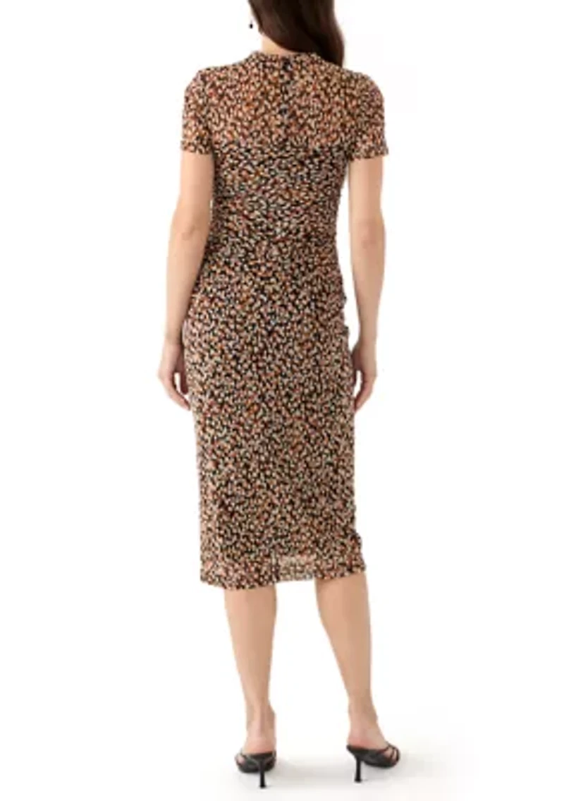 Women's Short Sleeve Side Ruched Printed Midi Dress