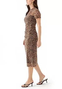 Women's Short Sleeve Side Ruched Printed Midi Dress
