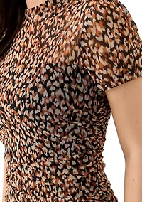 Women's Short Sleeve Side Ruched Printed Midi Dress
