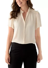 Women's Flutter Sleeve Button Front Ruffle Neck Blouse