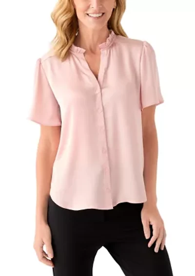 Women's Flutter Sleeve Button Front Ruffle Neck Blouse