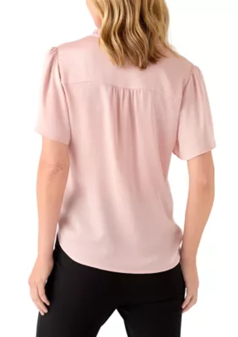 Women's Flutter Sleeve Button Front Ruffle Neck Blouse
