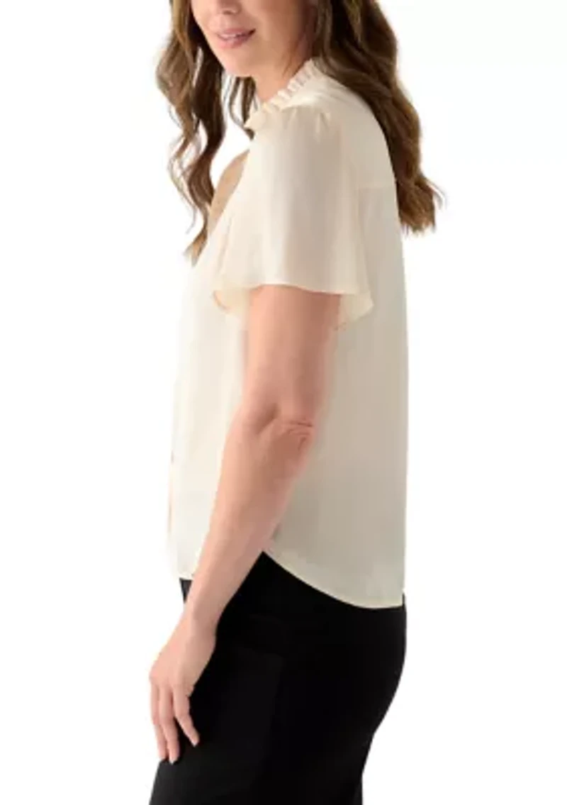 Women's Flutter Sleeve Button Front Ruffle Neck Blouse