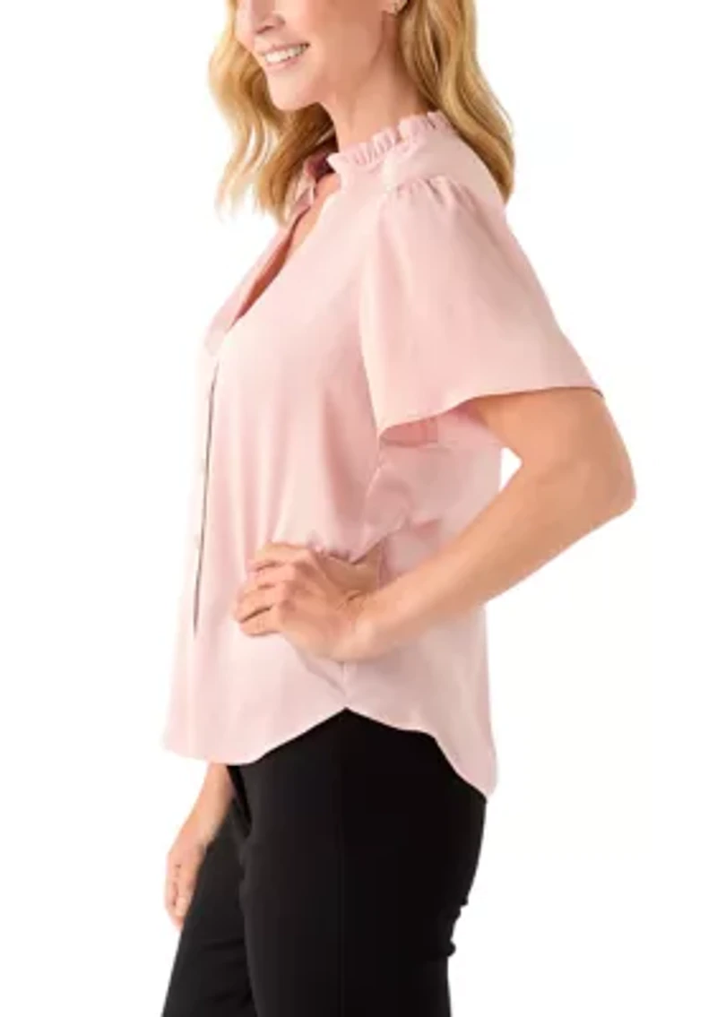 Women's Flutter Sleeve Button Front Ruffle Neck Blouse