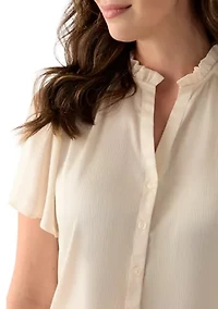 Women's Flutter Sleeve Button Front Ruffle Neck Blouse
