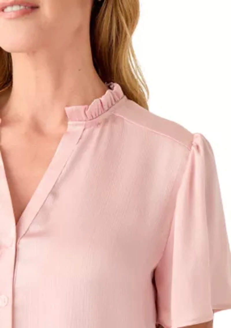 Women's Flutter Sleeve Button Front Ruffle Neck Blouse