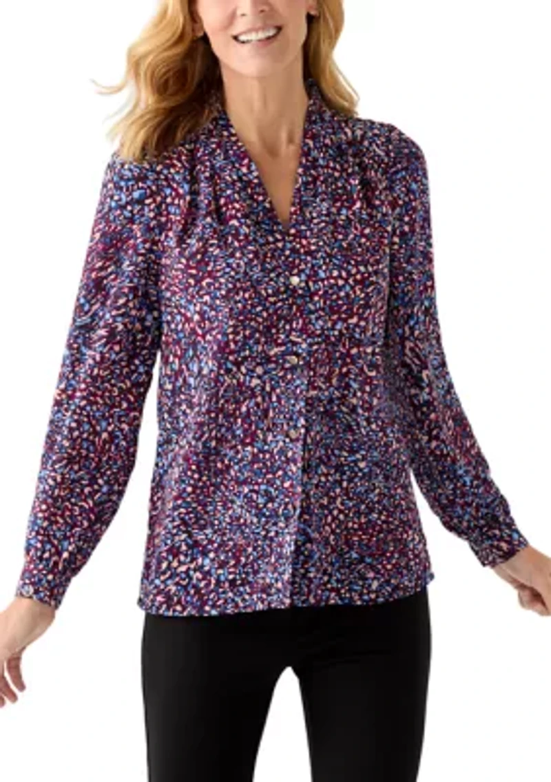 Women's Long Sleeve Button Front Printed Pleat Shoulder Blouse