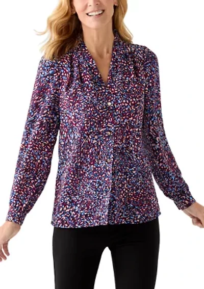 Women's Long Sleeve Button Front Printed Pleat Shoulder Blouse