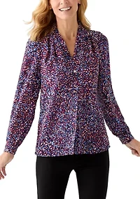 Women's Long Sleeve Button Front Printed Pleat Shoulder Blouse