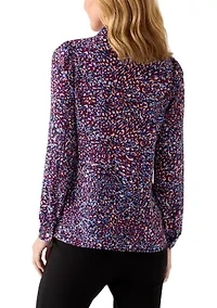 Women's Long Sleeve Button Front Printed Pleat Shoulder Blouse