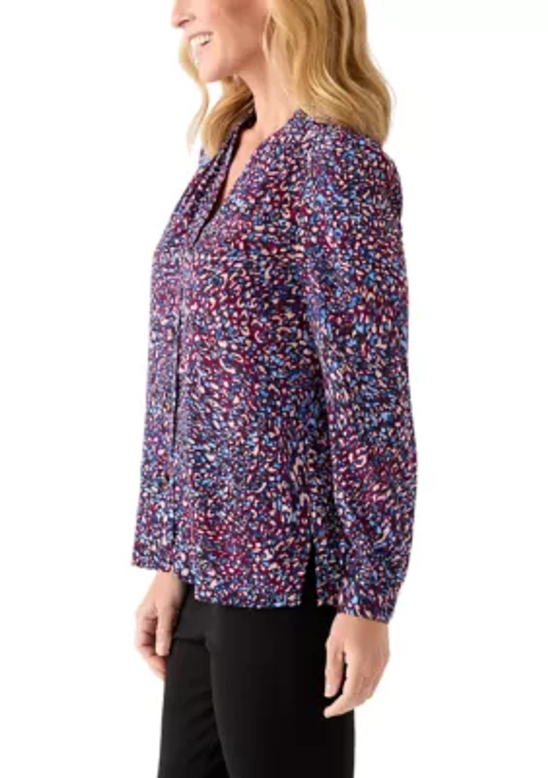 Women's Long Sleeve Button Front Printed Pleat Shoulder Blouse