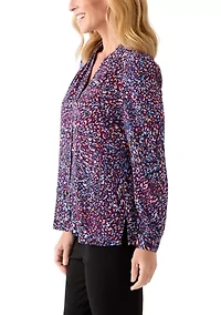 Women's Long Sleeve Button Front Printed Pleat Shoulder Blouse