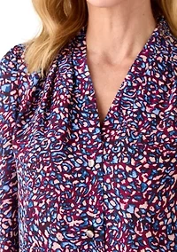Women's Long Sleeve Button Front Printed Pleat Shoulder Blouse