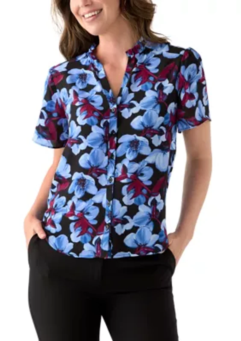 Women's Button Front Ruffle Neck Blouse
