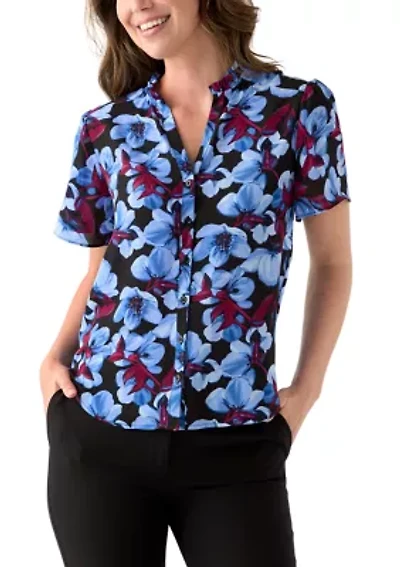 Women's Button Front Ruffle Neck Blouse