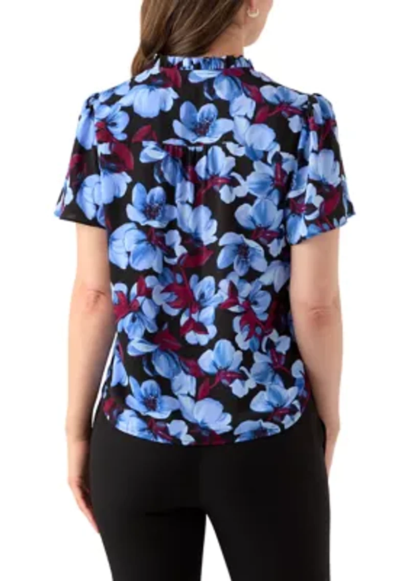 Women's Button Front Ruffle Neck Blouse