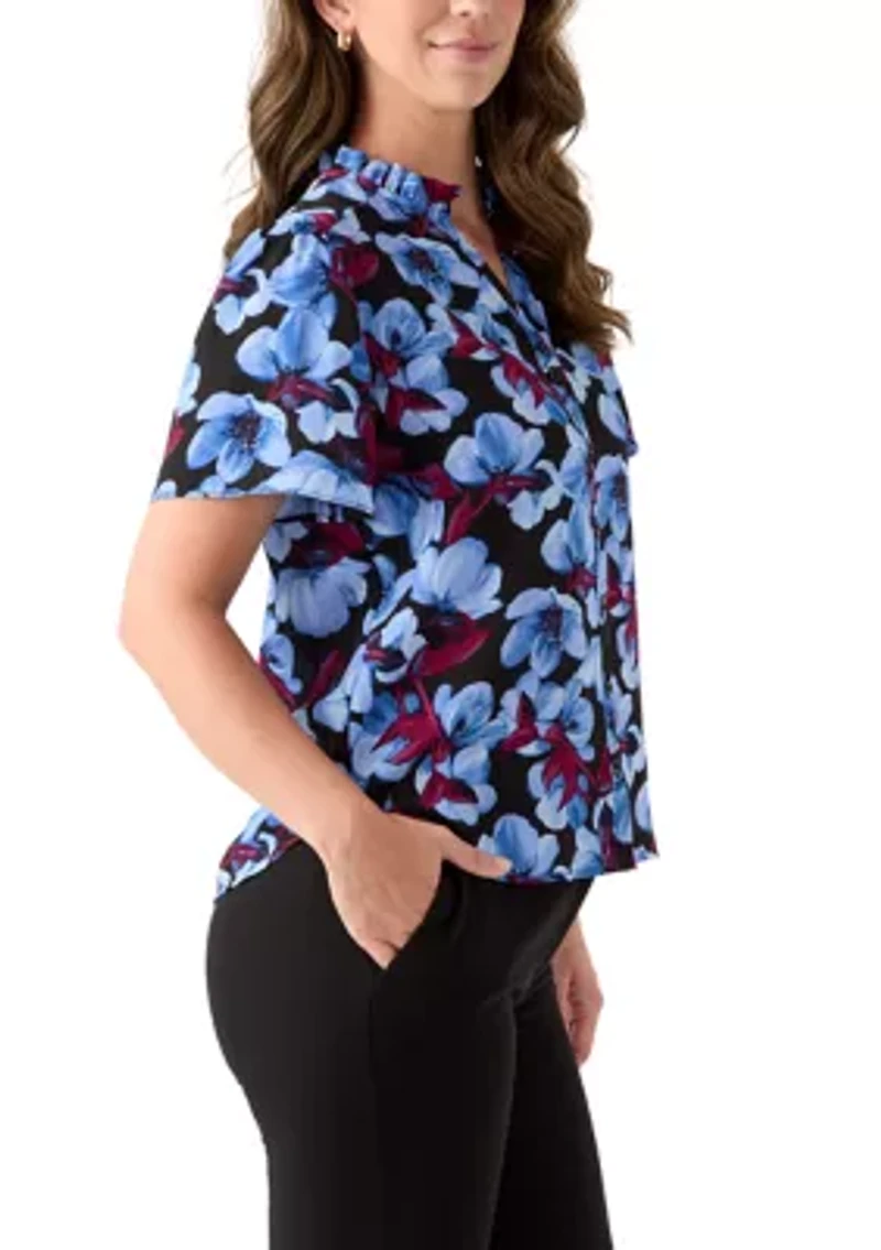 Women's Button Front Ruffle Neck Blouse