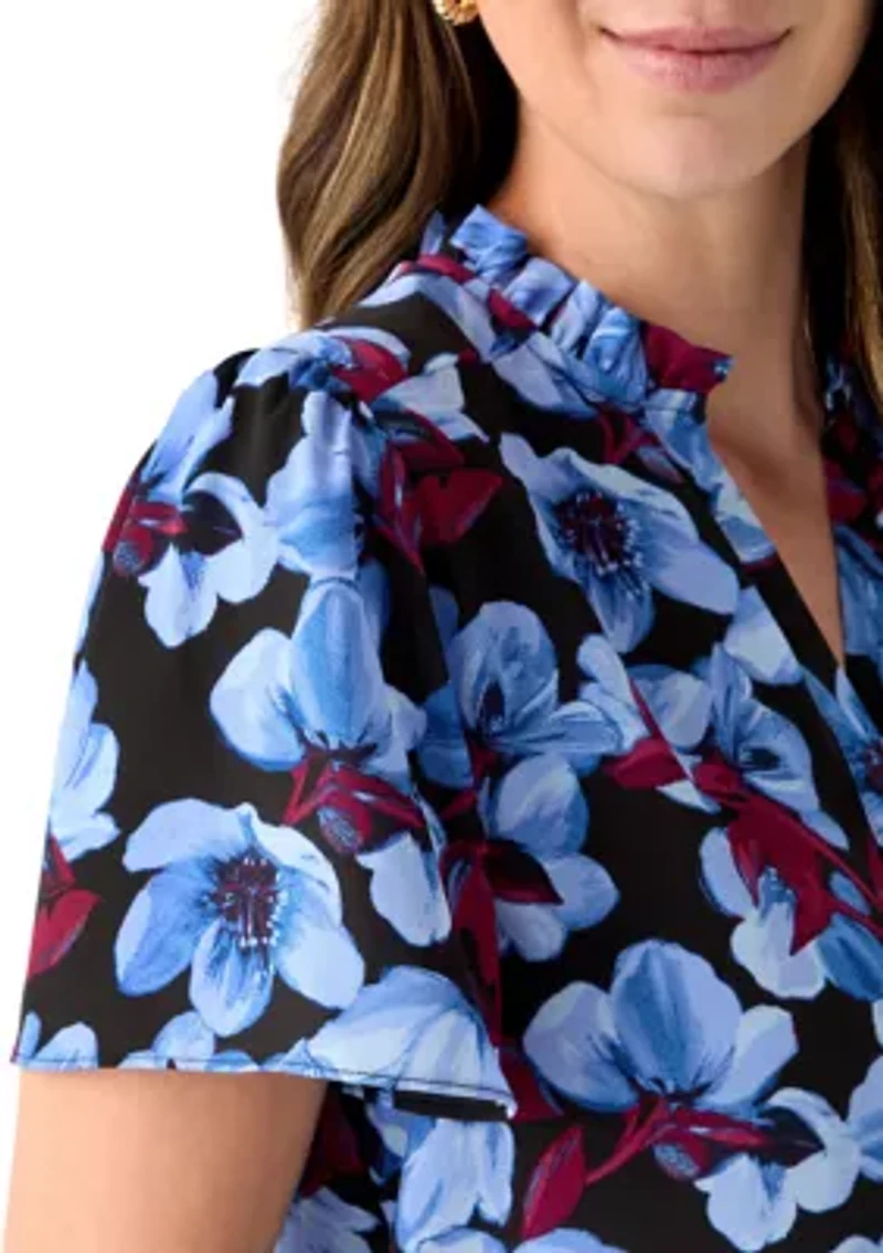 Women's Button Front Ruffle Neck Blouse