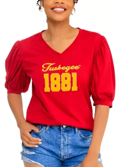 NCAA Tuskegee Golden Tigers V-Neck Puff Sleeve Top
