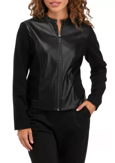 Women's Long Sleeve Mixed Media Faux Leather Jacket