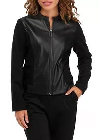 Women's Long Sleeve Mixed Media Faux Leather Jacket