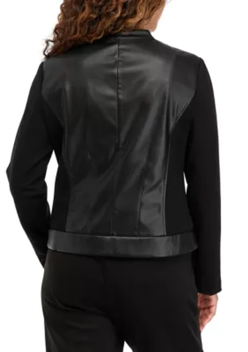 Women's Long Sleeve Mixed Media Faux Leather Jacket