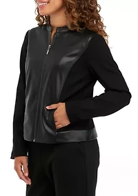 Women's Long Sleeve Mixed Media Faux Leather Jacket