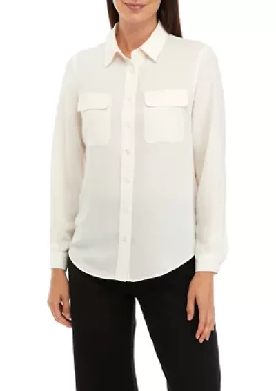 Petite Long Sleeve Slim Fit Utility Blouse