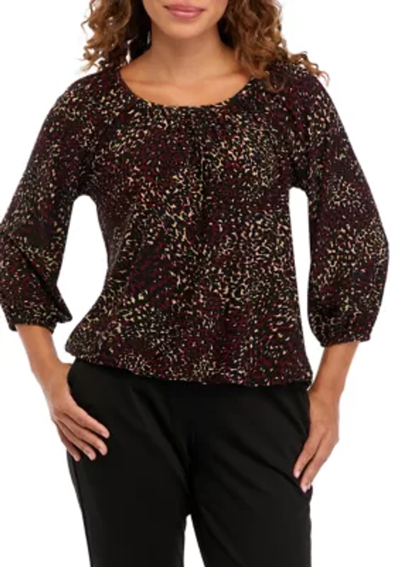 Petite 3/4 Sleeve Animal Print Knit Peasant Top