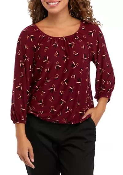 Petite Shirred Knit Printed Peasant Top