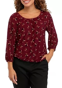 Petite Shirred Knit Printed Peasant Top