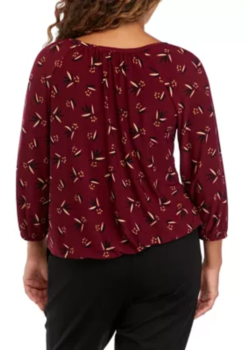 Petite Shirred Knit Printed Peasant Top