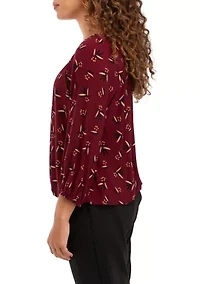 Petite Shirred Knit Printed Peasant Top