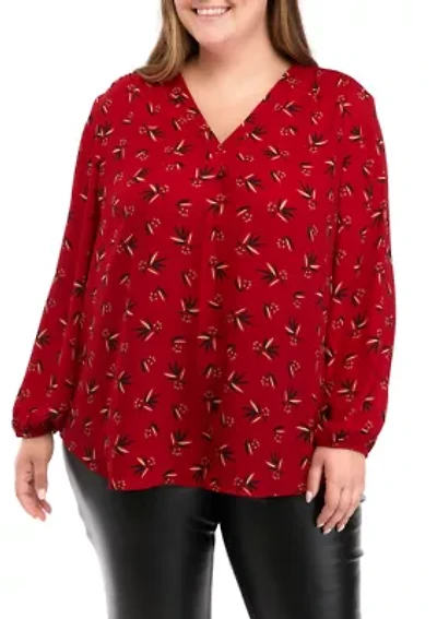 Plus Long Sleeve V-Neck Woven Printed Top