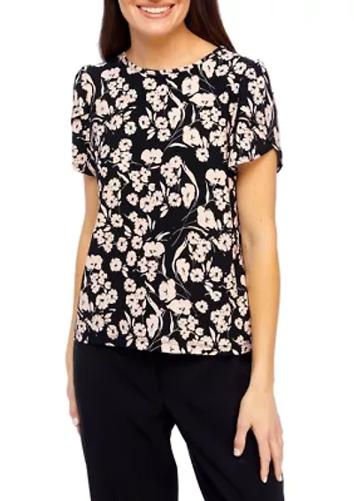 Petite Printed Short Gathered Tulip Sleeve Top