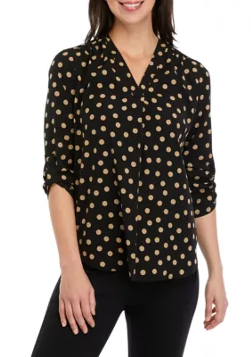 Petite 3/4 Sleeve V-Neck Pleat Front Tunic Top