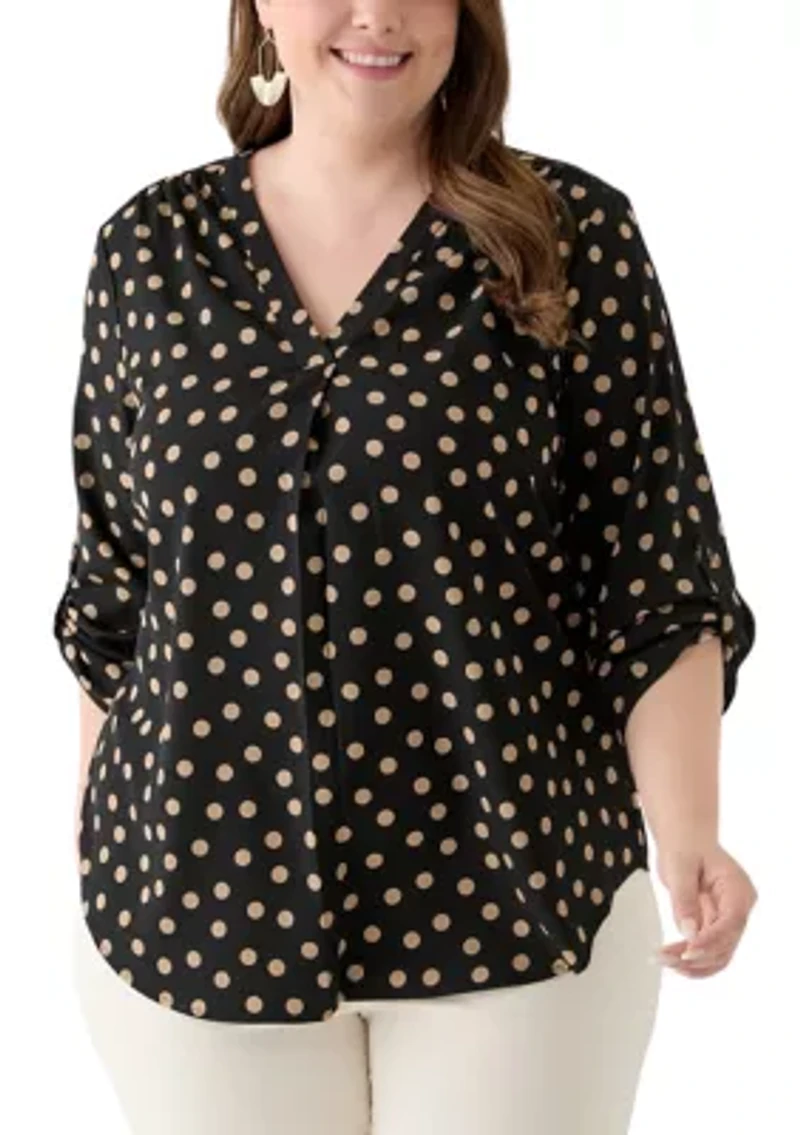 Plus 3/4 Sleeve Pleat Front Tunic Top