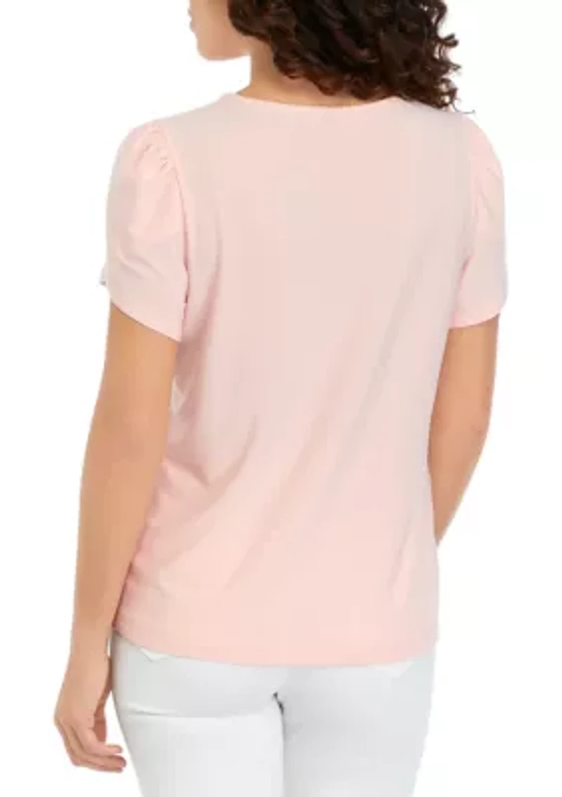 Petite Solid Short Gathered Tulip Sleeve Top