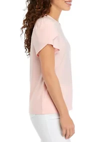 Petite Solid Short Gathered Tulip Sleeve Top