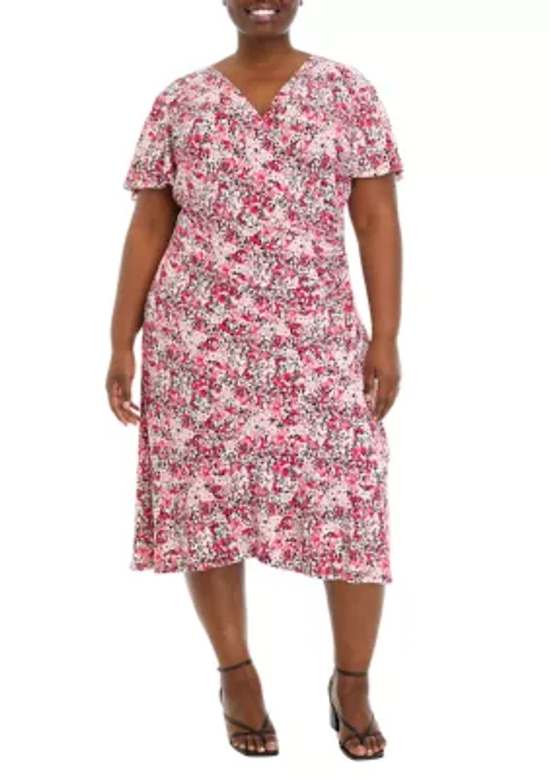 Plus Faux Wrap Dress with Flutter Sleeves and Ruffle Skirt