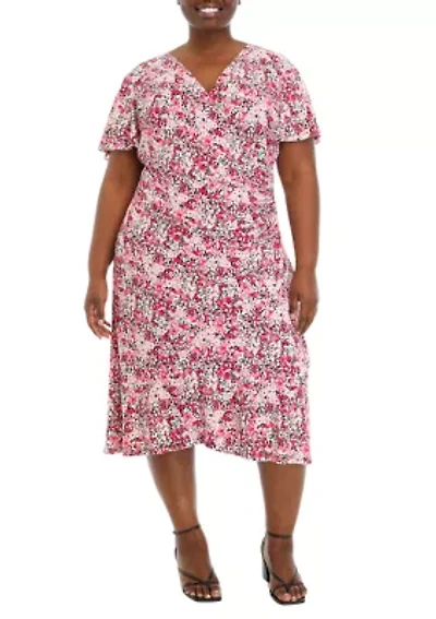 Plus Faux Wrap Dress with Flutter Sleeves and Ruffle Skirt