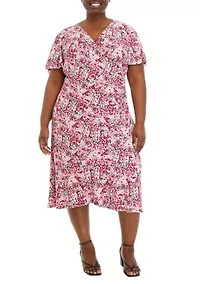 Plus Faux Wrap Dress with Flutter Sleeves and Ruffle Skirt